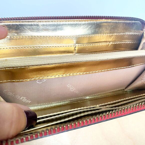 Calvin Klein Red Saffiano Leather Zip Around Long Wallet w/ Gold Interior - Picture 5 of 11